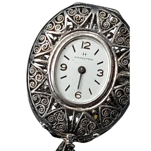 Vintage Hamilton 17J Brooch Watch 800 Silver Filigree Malachite Swiss Runs As-Is - Picture 5 of 11